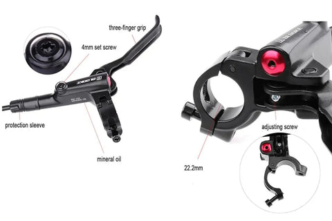 Front Hydraulic Disc Brake Kit For Mountain Bikes And Ebikes With Two Piston Aluminum Caliper, three-finger grip and adjusting screw.