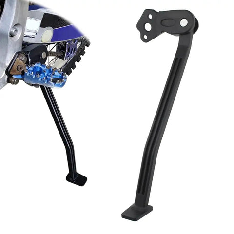 Lightweight Aluminum Motorcycle Kickstand For YZ250F YZ450F 2006 2009 Dirt Bike Side Stand With Anodized Rust Resistant Finish No Fuss Install For Stable Parking And Long Lasting Durability, side view showing attached to bike and standalone