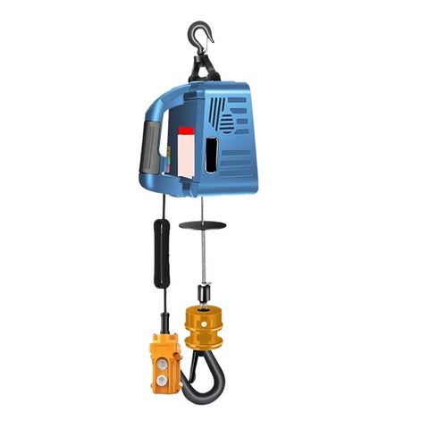 Heavy Duty 500kg Electric Hoist Cable Real Winch Lifter With Wireless Remote Control features a blue body and sturdy hook.
