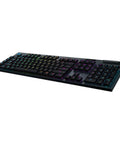 High End Wireless Mechanical Gaming Keyboard Featuring Smooth Tactile Switches And Custom RGB Backlighting For A Sleek Battle Ready Desktop Setup Built To Last That Smoothes Late Night Grinding In Matte Black Renewed, angled view showing RGB backlight.