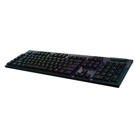 High End Wireless Mechanical Gaming Keyboard Featuring Smooth Tactile Switches And Custom RGB Backlighting For A Sleek Battle Ready Desktop Setup Built To Last That Smoothes Late Night Grinding In Matte Black Renewed, angled view showing RGB backlight.
