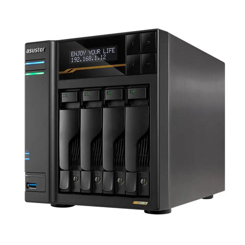 Four Bay Network Attached Storage Built To Last With Blazing Fast AMD Ryzen Quad Core Processor And Sixteen Gigabyte DDR5 Memory, front view.