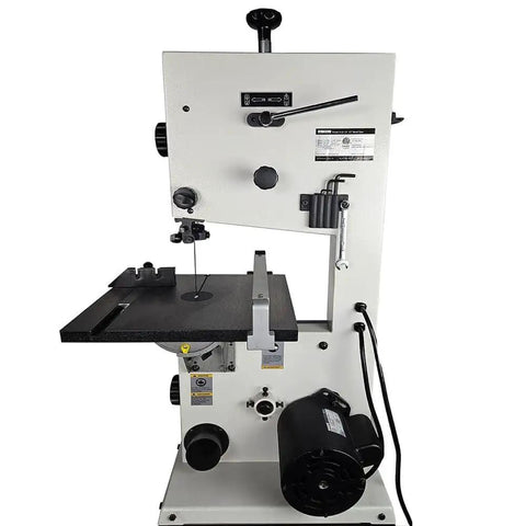 Front view of Compact 10 Inch Bandsaw With Cast Iron Table And Steel Stand For DIY Woodworkers, Rip Fence, Quick Release Tension.