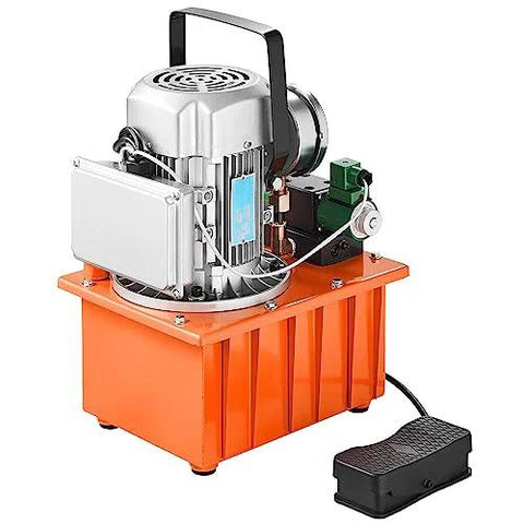 VEVOR 10000 PSI hydraulic electric pump with orange reservoir base and foot pedal, front view.