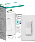 Slick Z Wave Smart Dimmer Switch In Classic White Design with packaging showing dimmer features and compatibility.