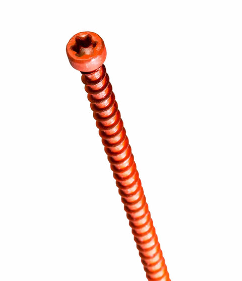 Close-up of Truss And Rafter Screw Kit 6 Inch Interior Wood Screws with clear zinc orange topcoat, showing screw head design