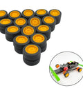 Triangle of wheels from Thirty Piece Small RC Car Wheel Set With Rubber Tires And 2mm Metal Axles 21mm Diameter Wheels Seven And A Half Millimeters Wide 100mm Shaft Length For RC Cars Trucks Robots Boats Helis And DIY Model Projects
