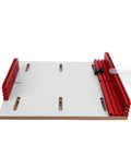 Adjustable Track Table Saw Crosscut Sled With Heavy Duty Aluminum Router Guide Rail, white base, red aluminum rails, fits standard miter slot.
