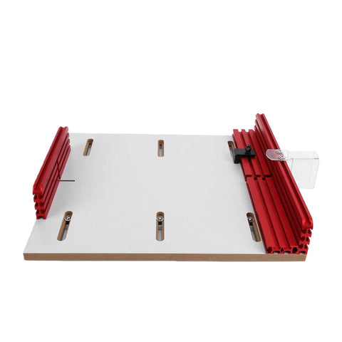 Adjustable Track Table Saw Crosscut Sled With Heavy Duty Aluminum Router Guide Rail, white base, red aluminum rails, fits standard miter slot.