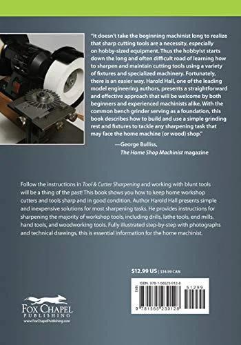 Back cover of Tool & Cutter Sharpening for Home Machinists; blue cover, grinding-rest photo, Fox Chapel Publishing logo