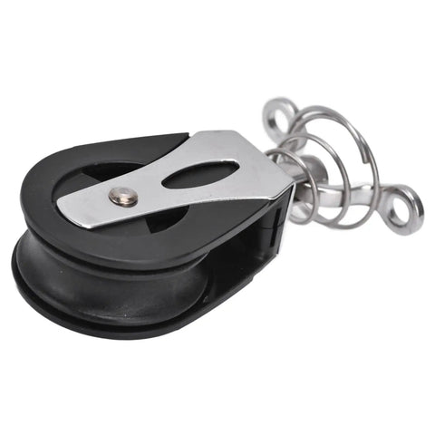 Close-up of Rugged Nylon Sheave Block Head for Sailboats and Fitness Gear, 316 Stainless Marine Grade, low friction, 1500 lb load