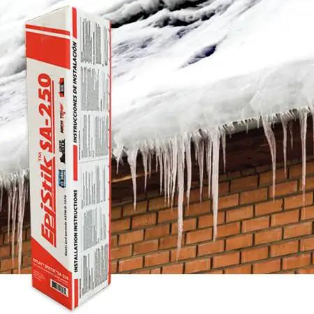 Top Shelf Synthetic Roof Underlayment Self Adhered Peel And Stick 50 Mil Thick Heat Resistant Gray Roll next to icy eavestrough.