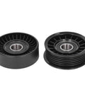 Ultimate 2 Piece Drive Belt Idler Pulley Set For Your Ride showing two black pulleys with metal bearings designed for Fairlane models.