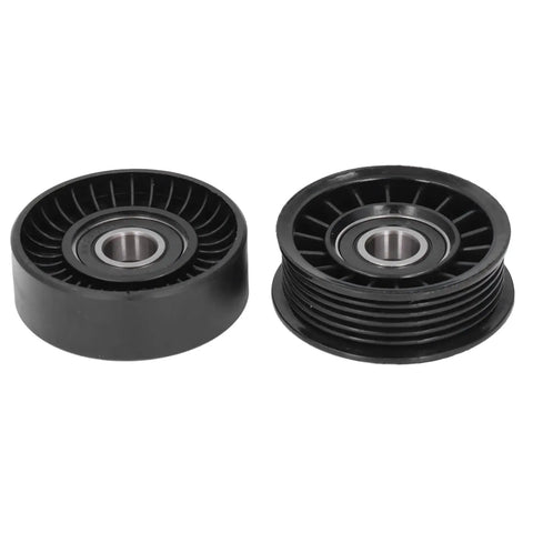 Ultimate 2 Piece Drive Belt Idler Pulley Set For Your Ride showing two black pulleys with metal bearings designed for Fairlane models.