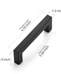 Sleek Matte Black Square Cabinet Pulls For Cabinets And Drawers 3-3/4 Inch Center-To-Center, 45 Pack shown with dimensions.
