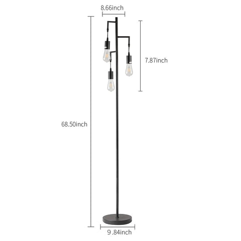 Farmhouse Industrial Tree Floor Lamp With 3 Edison LED Bulbs For Living Room, Bedroom And Office, Rustic Black lamp with dimensions