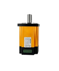 Front view of 100W Brushless DC Servo Motor with Integrated Planetary Reducer, orange casing, for robotic joints and precise motion control.