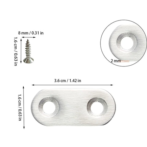 Diagram showing 20 Pack Stainless Steel Straight Brackets With Screws Flat Plate Repair Brackets For Furniture Woodwork, dimensions and details.