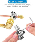 Front view of 20pc service valve kit with brass and copper refrigerant valves, 1/4 in SAE x 1/4 in OD x 2.5 in stem