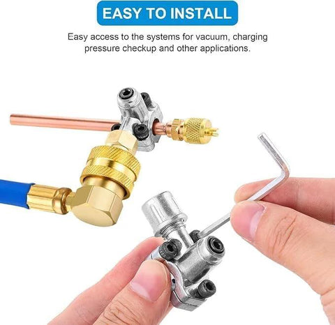Front view of 20pc service valve kit with brass and copper refrigerant valves, 1/4 in SAE x 1/4 in OD x 2.5 in stem