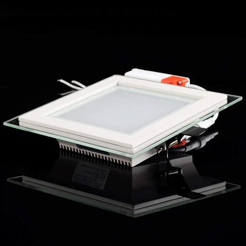Ultra Thin Square Recessed LED Downlight Kit - Commercial Embedded Spotlight with Glass Panel Trim for Home Hallway & Living Room Lighting, Energy Efficient Ceiling Lights viewed from side with glass panel.