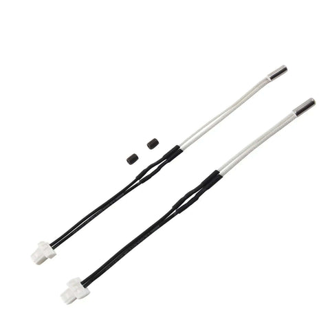 Two Pack Thermistor Temperature Sensors For Prusa MK4 Nextruder Replacement High Temperature Sensor 104NT 4 R025H42G 2Pcs Compatible With MK3 9 Only Not For MK3S MK2 Series And Other Models, showing two thermistors with connectors and black wires.