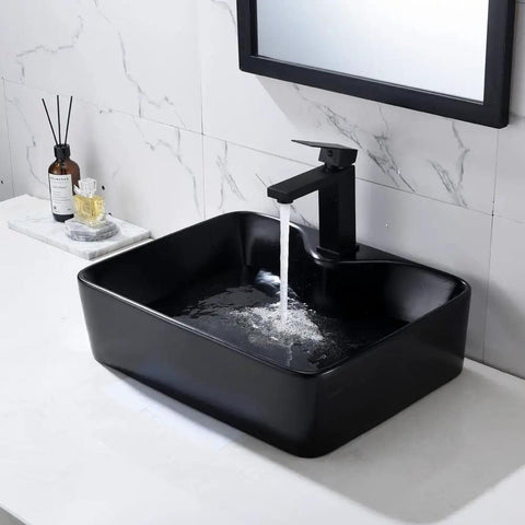 Matte Black Vessel Sink With Faucet And Drain Combo For Bathroom, 19 By 15 Inches Rectangular Above Counter Ceramic Art Basin