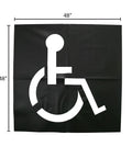 Handicap Parking Lot Stencil 48 By 48 Inches Heavy Duty Plastic Reusable Made In The USA, black stencil with wheelchair symbol.