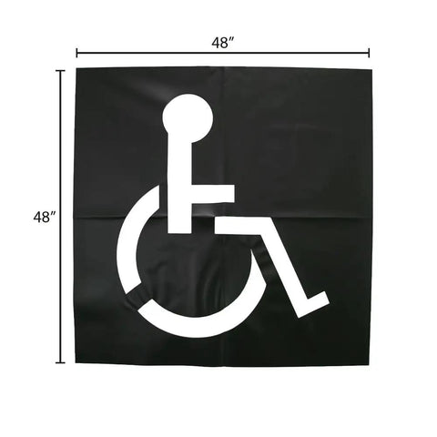 Handicap Parking Lot Stencil 48 By 48 Inches Heavy Duty Plastic Reusable Made In The USA, black stencil with wheelchair symbol.