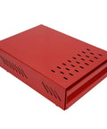 Premium Red Coffee Knock Box For Espresso Grounds With Cushioned Rubber Rod And Antislip Base, showing top view with drainage holes.