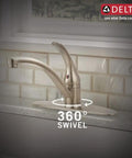 Foundations Brushed Nickel Kitchen Faucet With Side Sprayer Go To Four Hole 8 Inch Center Install Contemporary Single Handle Sink Faucet In Stainless Finish Easy Install Drip Free Performance showing 360-degree swivel feature