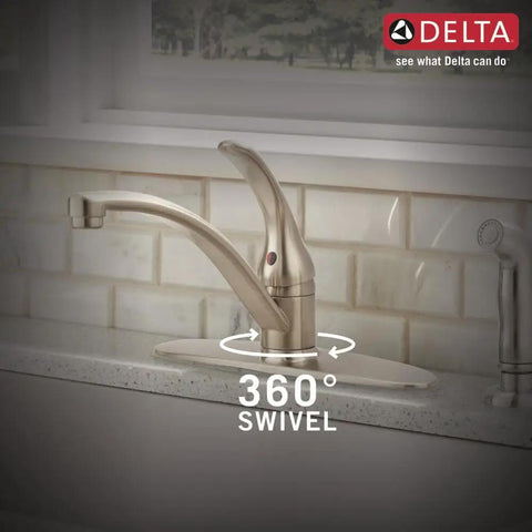 Foundations Brushed Nickel Kitchen Faucet With Side Sprayer Go To Four Hole 8 Inch Center Install Contemporary Single Handle Sink Faucet In Stainless Finish Easy Install Drip Free Performance showing 360-degree swivel feature