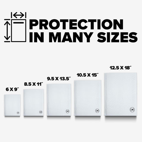 Various sizes of white poly bubble mailers including Large White Poly Bubble Mailer Size 5 10.5 X 15 In Inside Dimensions with cushioned liner