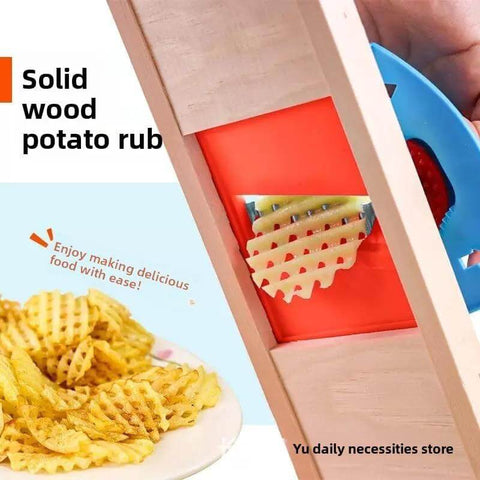 Manual stainless steel wave cutter with red housing and wooden frame for crinkle-cut potatoes and vegetables