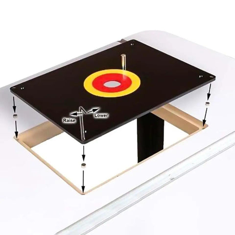 Dead On Accurate Nine By Twelve Inch Router Table Insert Plate showing raising and lowering features, rigid base and smooth control.