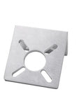 Aluminum L-shaped motor mounting bracket; square base with central hole and four oblong slots.