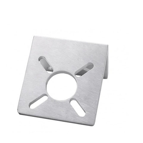 Aluminum L-shaped motor mounting bracket; square base with central hole and four oblong slots.