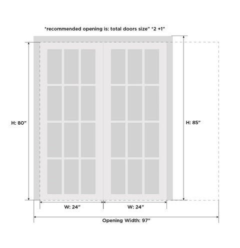 Diagram showing dimensions of Quadro 4088 Interior French Double Pocket Doors With Frosted Glass In Black MDF 48x80.