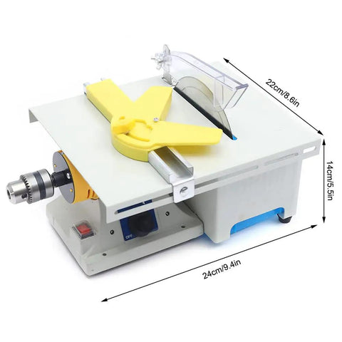 Portable Mini Polisher And Grinder Tool 110V 750W 0-10000 RPM with yellow adjustable guide, showing dimensions.