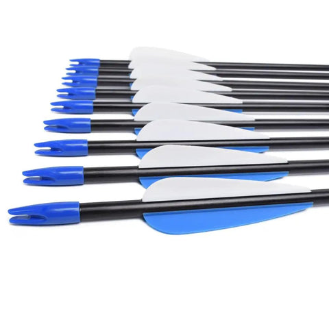 Recurve Bow Arrows 26 Inch Fiberglass Arrow Set With Blue And White Vanes For Target Practice Safety Glass For Youth Beginners Gals 12 Pack Great For Target Practice At The Range shown in a line.