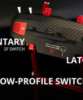 Boxer Max Transmitter Remote for RC Drones with Carbon Fiber Pattern Case top view, showing momentary and latching switches.