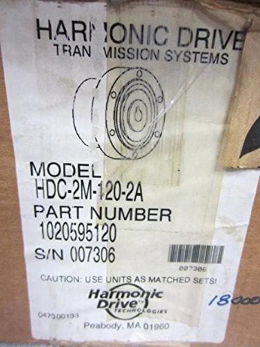Label of Beefy HDC-2M-120-2A Gear Assembly showing model and part number for precision motion control and industrial use