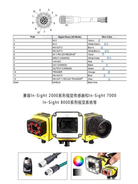 Diagram and images of M12 12 Pin Shielded High Flex IO Cable for Cognex DataMan and IN-Sight Vision Systems with connector details