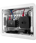 Five Inch Universal Mounting Plate With 1.5 Inch Elevation For Routers Modems And Network Hubs Inside Structured Wiring Panels White with devices installed.