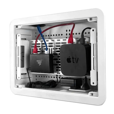 Five Inch Universal Mounting Plate With 1.5 Inch Elevation For Routers Modems And Network Hubs Inside Structured Wiring Panels White with devices installed.