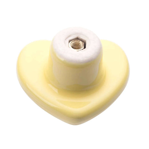 Fresh Heart Shaped Ceramic Drawer Pulls Smooth Glossy Finish Top Shelf Furniture Knobs Bang For Your Buck Upgrade For Modern Kitchen Cabinets And Dressers Yellow Set close-up view of yellow ceramic heart knob showing screw mechanism.
