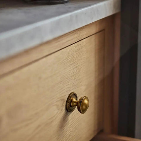 Dope Antique Brass Cabinet Knobs With Flowcrest Backplate on wood drawer, vintage inspired kitchen cabinet hardware