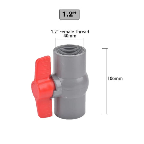 Top Shelf Pvc Ball Valve Featuring Rock Solid Female Threads And Smooth Red T Handle For Straight Thru Flow Projects Including Backyard Irrigation Fish Tanks And Industrial Pipe Lines Built Different To Make Any Plumbing Fix A Breeze, 1.2 inch size.