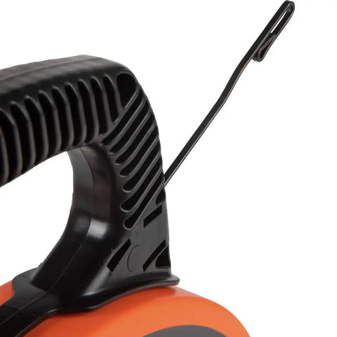 1/8 Inch 120 Foot Steel Electrical Fish Tape With Double Loop Tip, handle and tip detail, built to last heavy-duty wire puller