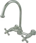 Restoration Wall Mount Bridge Kitchen Faucet With Polished Chrome Finish Solid Brass Construction Drip Free Ceramic Disc Cartridge 8 Inch Centers 2 Hole Installation Without Sprayer Old School Vintage Vibe For Farmhouse Style Kitchens